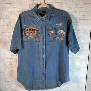 Lets Quizz Again vintage Women embroidered Noahs art denim button up cottagecore